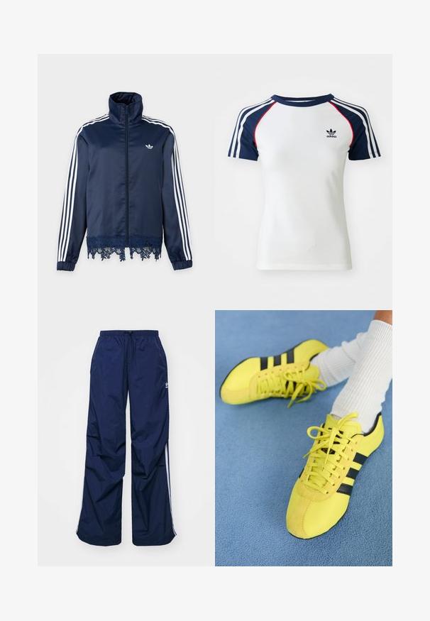Chaqueta deportiva azul marino de Adidas con rayas blancas en las mangas, cremallera frontal, cuello alto, puños elásticos y borde de encaje en el dobladillo.; Camiseta de algodón blanca con mangas raglán azul marino, que presenta tres franjas blancas y un pequeño logo de Adidas negro en el pecho. Acentos rojos.; Pantalones de color azul marino, ligeros, con cintura elástica y cordón ajustable, con franjas blancas laterales y un pequeño logo en la parte delantera. Diseño de corte holgado.; Zapatillas deportivas de color amarillo brillante con rayas y cordones negros; presentan una parte superior texturizada y acentos de ante. Se usan con calcetines blancos de canalé.