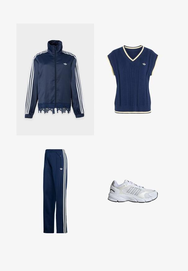 Chaqueta deportiva azul marino de Adidas con rayas blancas en las mangas, cremallera frontal, cuello alto, puños elásticos y borde de encaje en el dobladillo.; Chaleco de punto sin mangas azul marino con ribete blanco en el cuello en V, sisas y dobladillo, con un pequeño logotipo blanco de Adidas en el pecho.; Pantalones deportivos azul marino hechos de una tela suave y ligera, con tres rayas blancas laterales y un bolsillo lateral con cremallera.; Zapato deportivo blanco con malla transpirable y materiales sintéticos, tres franjas plateadas, suela de caucho texturizada y cuello acolchado.