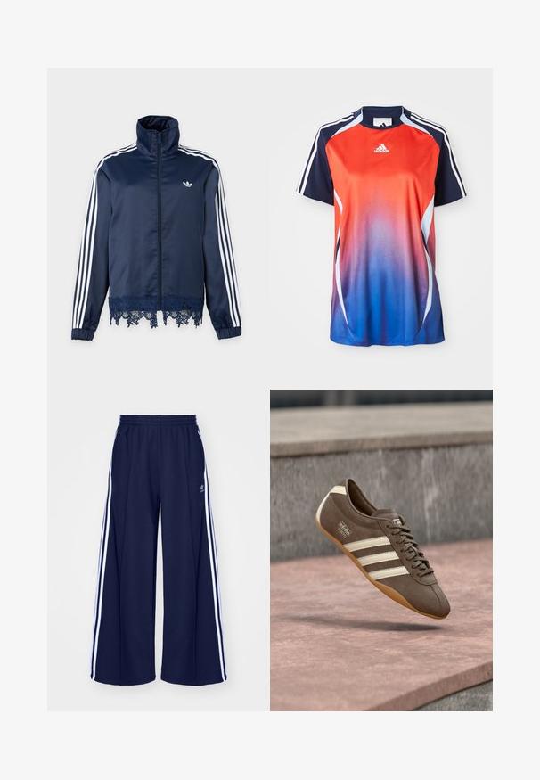 Marineblå Adidas træningsjakke med hvide striber på ærmerne, lynlås foran, høj krave, elastiske ærmer og blondekant ved kanten.; Adidas kortærmet sports T-shirt med en gradient fra rød til blå, med marineblå akcenter og hvide striber langs skuldrene.; adidas Originals PANT - Træningsbukser - night indigo; Brun ruskindssneaker med hvide striber og branding, med rund tå og ydersål af gummibelagt gummi, hængende over en struktureret overflade.