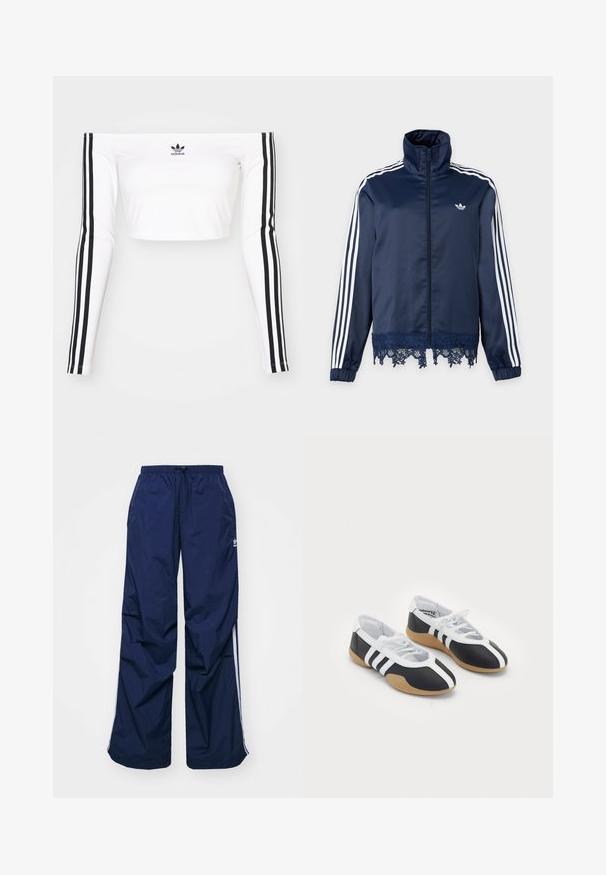 Chaqueta deportiva azul marino de Adidas con rayas blancas en las mangas, cremallera frontal, cuello alto, puños elásticos y borde de encaje en el dobladillo.; Top corto blanco de manga larga y sin hombros en tejido elástico. Presenta acentos en negro con tres rayas en las mangas y un pequeño logo negro en el pecho.; Pantalones de color azul marino, ligeros, con cintura elástica y cordón ajustable, con franjas blancas laterales y un pequeño logo en la parte delantera. Diseño de corte holgado.; Zapatillas deportivas en blanco y negro con un diseño elegante, suela de goma, cierre de cordones y tres franjas blancas en los lados.