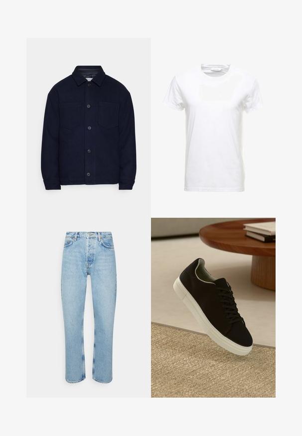 Marineblå uldjakke med knaplukning foran, to brystlommer og en nedfoldet krave. Glat tekstur og afslappet pasform med lange ærmer.; Hvid bomulds T-shirt med korte ærmer, rund halsdesign og en glat tekstur. Etiket synlig ved halsudskæringen. Enkel og klassisk stil.; Lyseblå denimjeans med lige snit, høj talje, fem-lomme design og synlige strikdetaljer ved sømmene og sømmen.; Sort sneaker med hvid sål svævende over en beige tekstureret tæppe nær et rundt trætabel med stablede bøger.