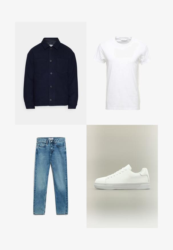 Marineblaue Wolljacke mit durchgehendem Knopfverschluss, zwei Brusttaschen und umklappbarem Kragen. Glatte Textur und lockere Passform mit langen Ärmeln.; Weißes Baumwoll-T-Shirt mit kurzen Ärmeln, Rundhalsausschnitt und glatter Textur. Etikett am Ausschnitt sichtbar. Einfacher und klassischer Stil.; Helle blaue Denim-Jeans mit geradem Schnitt, fünf Taschen, Reißverschluss und dezentem Ausbleichen des Stoffes. Metallknopfverschluss.; Weißer Sneaker in niedriger Schnittform mit Schnürung vorne, gepolstertem Kragen und strukturiertem Gummisohle, seitlich auf neutralem Hintergrund dargestellt.