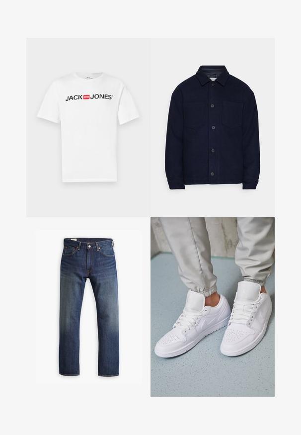 Marineblå uldjakke med knaplukning foran, to brystlommer og en nedfoldet krave. Glat tekstur og afslappet pasform med lange ærmer.; Hvid bomulds-T-shirt med stort sort "JACK & JONES" logo med en rød boksdetalje. Korte ærmer og klassisk rund hals.; Mørkeblå denim jeans med lige ben design, der har en klassisk fem-lomme stil, metalknaplukning og synlige stikninger.; Hvide lædersneakers har en perforeret tåboks, flade snørebånd, polstret krave og Jordan-logoet på tungen. Båret med grå joggers.