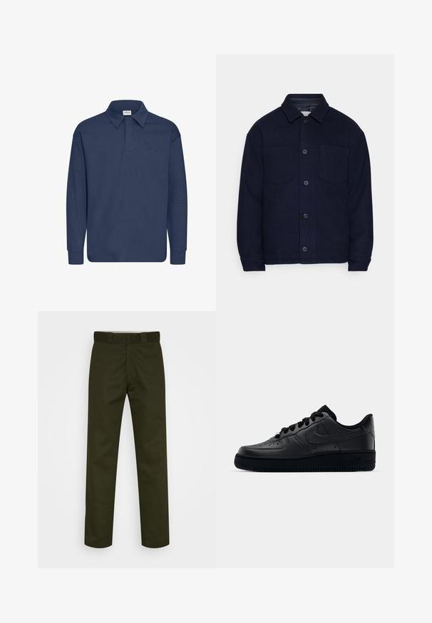 Veste en laine bleu marine avec fermeture boutonnée, deux poches poitrine et un col rabattable. Texture lisse et coupe décontractée avec manches longues.; Polo à manches longues bleu marine avec un col pointu, de couleur unie et une texture subtile. Doté d'une patte de boutonnage à trois boutons au niveau du col.; Pantalons vert foncé avec jambes droites, en tissu lisse. Présente un devant plat, des passants de ceinture et aucun motif ou matériel visible.; Baskets Nike Air Force 1 noires avec un dessus en cuir lisse, bout perforé pour la respirabilité, lacets noirs et semelle en caoutchouc texturé.