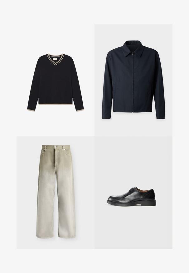 Herre sort langærmet jakke med krave og lynlåslukning foran, ensfarvet design og sidelommer.; WOOD WOOD WWCOBEK V-NECK - Striktrøje - salute; Beige og lysegrå jeans med vidde ben, forlommer, bæltestropper og knaplukning.; Sorte lædersko med rund tå, glat overflade, snøre detaljer og en lav, tekstureret gummisål. Rene linjer og minimalistisk design.
