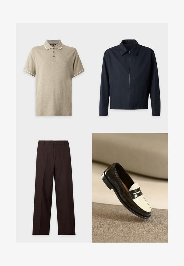 Veste noire pour homme à manches longues, col et fermeture éclair devant, design uni et poches latérales.; Polo beige à manches courtes avec col et trois boutons, bordure blanche au col et aux manches, et petit logo MK brodé sur la poitrine.; Pantalon droit marron foncé avec passants de ceinture, fermeture par bouton et pli sur le devant, présenté sur fond blanc.; Mocassin en cuir noir avec un empeigne crème et des rayures noires, présentant un petit talon et des coutures détaillées le long des bords.