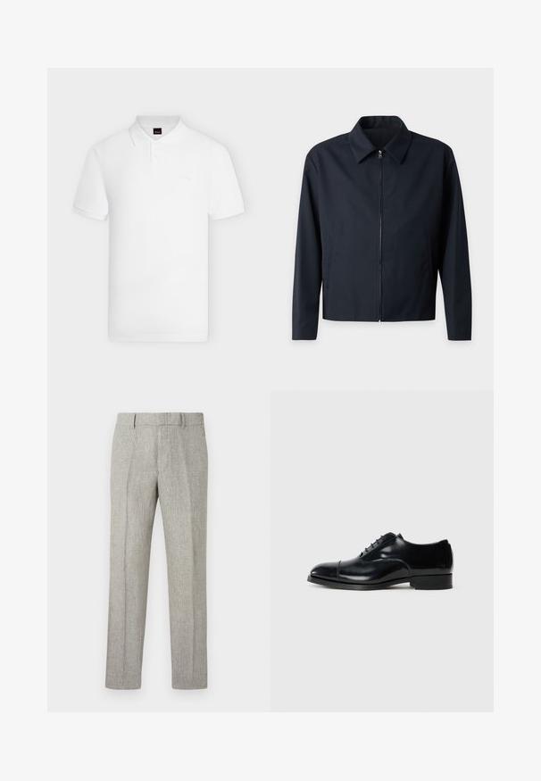 Veste noire pour homme à manches longues, col et fermeture éclair devant, design uni et poches latérales.; Polo blanc à manches courtes avec col et patte à deux boutons, avec une broderie discrète du logo sur la poitrine gauche.; Pantalon de costume gris à carreaux pour homme, coupe slim, avec passants pour ceinture et plis avant distincts.; Chaussure de ville en cuir noir avec une finition polie, bout rond, design à lacets et un petit talon empilé, présentant un détail de couture subtil.