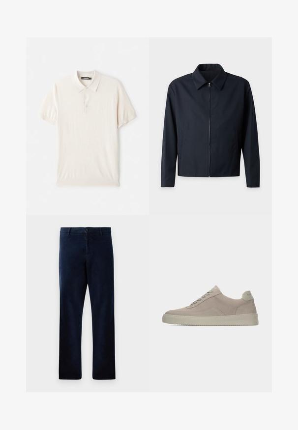 Veste noire pour homme à manches longues, col et fermeture éclair devant, design uni et poches latérales.; Polo shirt beige clair avec un col classique, une patte de boutonnage à trois boutons et des manches courtes. Fabriqué à partir d'un tissu doux et lisse. Design simple sans motifs.; Pantalons bleu marine en tissu doux et texturé, avec une fermeture à bouton et une coupe droite, dotés de détails de couture subtils.; Baskets en daim beige avec une finition texturée, un bout arrondi et des lacets ton sur ton. Elles présentent une semelle en caoutchouc épaisse et un branding discret sur le talon.