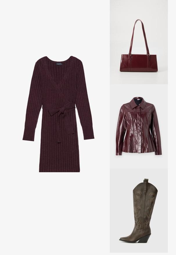 Vero Moda VMLOTTIE PEPLUM JACKET - Bunda z nepravej kože - winetasting; Bordová pletená zavinovacia šaty s dlhými rukávmi, výstrihom do V a zodpovedajúcim opaskom na páse. Mäkká textúra s vertikálnym vzorom.; Hnedé kožené kovbojské topánky s špicatou špičkou, klinovým podpätkom a dekoratívnym vyšívaním. Majú vysoký zvršok a húkač.; Bordová kabelka vyrobená z lesklého materiálu, obdĺžnikový tvar, s dvoma ramennými popruhmi a jemnými zakrivenými akcentmi na prednej strane.