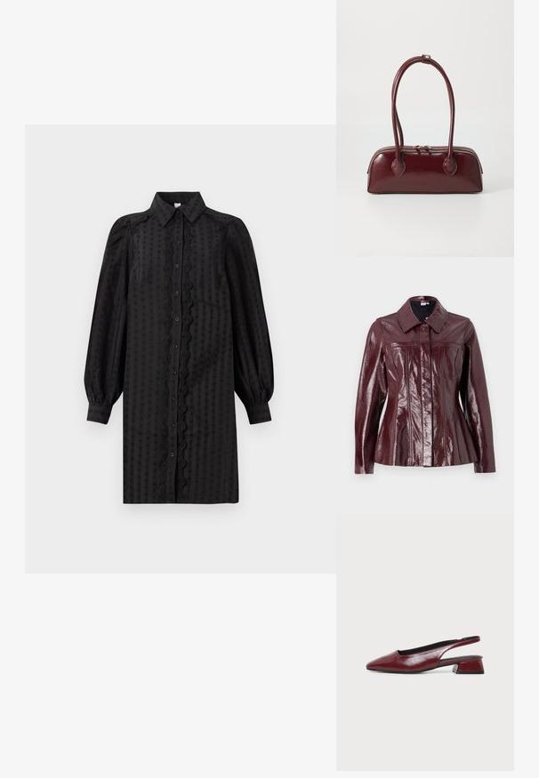 Vero Moda VMLOTTIE PEPLUM JACKET - Kunstnahast jakk - winetasting; Mustaline must dress, mis on valmistatud siledast kangast, millel on tekstuuriline muster, puffse varrukad ja kaunistav pitsääris ees.; Sügavpunane nahast rihmikõrvarahaga king, terava varba ja madala plokktakjaga, külgvaates heledal taustal.; Burgundia nahast käekott, millel on kaarjas kuju, topeltkäepidemed, lukuga sulgemine ja peened õmblusdetailid. Sile, kõrgläikega viimistlus.