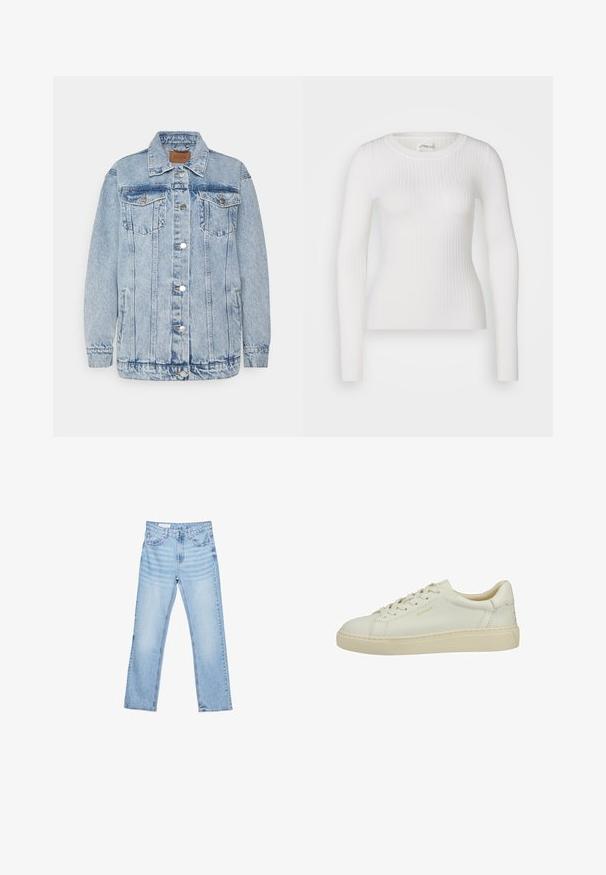 Lichtblauwe denimjas met een knoopsluiting aan de voorkant, twee borstzakken en zijzakken. Voorzien van een klassieke kraag en gestikte details.; Witte lange mouwen geribbelde top met een ronde hals. De stof is soepel, met een subtiele textuur en een aansluitend ontwerp. Geen zichtbare hardware of patronen.; Lichtblauwe denim jeans met een rechte snit, vijf-pocket ontwerp en zichtbare stiksels. Middenhoge taille met een klassieke knoop- en ritssluiting.; Lage sneaker van roomkleurig leer met veters aan de voorkant, een gestructureerde zool en subtiele "GANT"-branding op de zijkant en hiel.