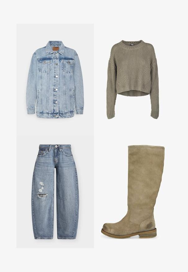 Lyseblå denimjakke med knaplukning foran, to brystlommer og sidelommer. Har klassisk krave og syningsdetaljer.; Olivengrøn, kort striktrøje med et tekstureret mønster, rund hals og lange ærmer. Tykt ribkant ved kanten og ærmerne.; Blå denim jeans med vide ben, høj talje og slidte revner på venstre lår, med forlommer og bæltestropper.; Knæhøje beige ankelstøvler i ruskind med rund tå og tekstureret overflade. Brun træhælhæl med diskret logo-detalje nær ankelområdet.