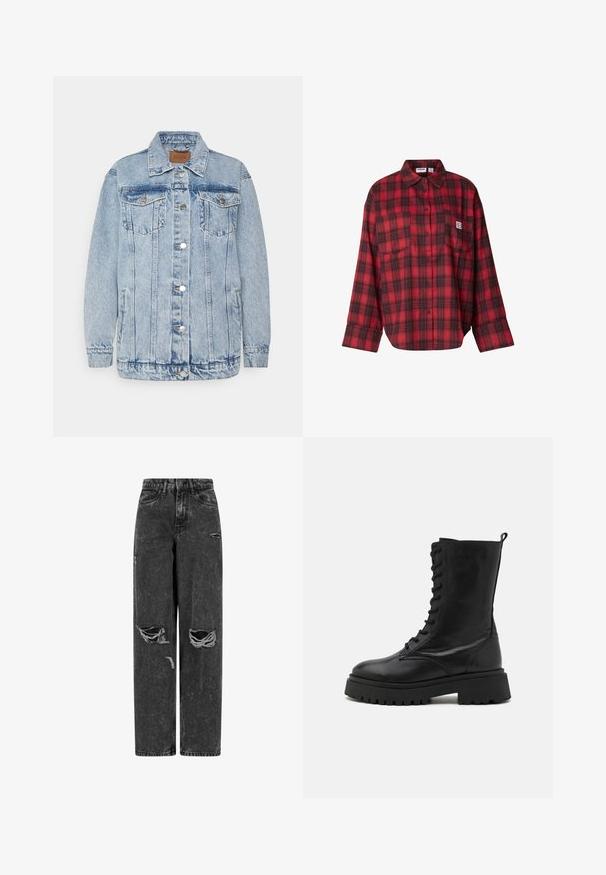 Lichtblauwe denimjas met een knoopsluiting aan de voorkant, twee borstzakken en zijzakken. Voorzien van een klassieke kraag en gestikte details.; Rood-zwart geruit flanellen overhemd, lange mouwen, knoopsluiting aan de voorkant, twee borstzakken, zachte textuur, casual pasvorm, rechthoekig ontwerp.; Zwarte high-waist wijde jeans met gescheurde knieën en verwerkte details op een witte achtergrond.; Zwarte leren combatboot met vetersluiting aan de voorkant, ronde neus, stevige zool en een trekhaak aan de achterkant. Gestructureerde afwerking en robuuste constructie.