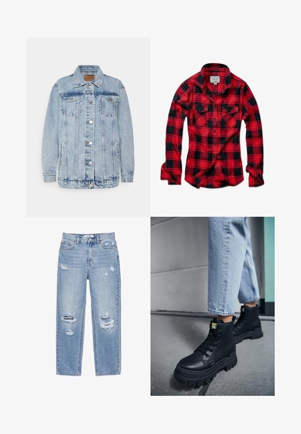 Helle blaue Denimjacke mit einer Knopfleiste, zwei Brusttaschen und Seitentaschen. Mit klassischem Kragen und gesteppten Details.; Rot-schwarz kariertes Flanellhemd mit langen Ärmeln, zwei Brusttaschen, spitzem Kragen und Knopfverschluss. Weicher Stoff.; Hellblaue Jeans mit geradem Bein und abgenutzten Löchern an beiden Beinen, fünf Taschen und Knopfverschluss an der Taille.; Person, die hellblaue Jeans und schwarze klobige Schnürstiefel trägt und auf einem Betonboden nahe einer Wand steht.