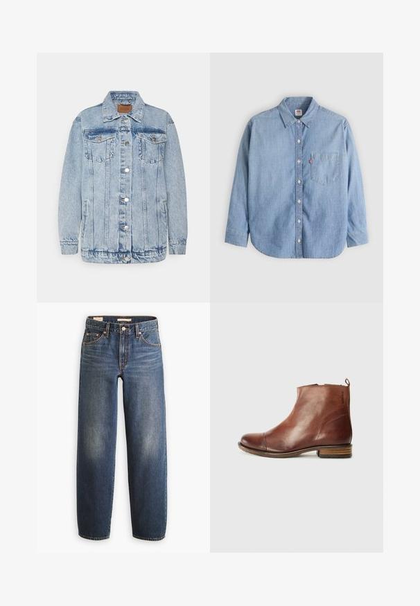 Lichtblauwe denimjas met een knoopsluiting aan de voorkant, twee borstzakken en zijzakken. Voorzien van een klassieke kraag en gestikte details.; Lichtblauw denimoverhemd met een button-down kraag, borstzakje en lange mouwen. Heeft een afgeronde zoom en een subtiele textuur.; Donkerblauwe spijkerbroeken met een rechte pijp, voorzien van vijf zakken, koperen klinknagels en subtiele vervaging op de dijen.; Bruine leren enkelboot met een stijlvol design, ronde neus, lage gestapelde hak en zijnaaddetails. Voorzien van een achterste lipje voor gemakkelijk aan- en uittrekken.