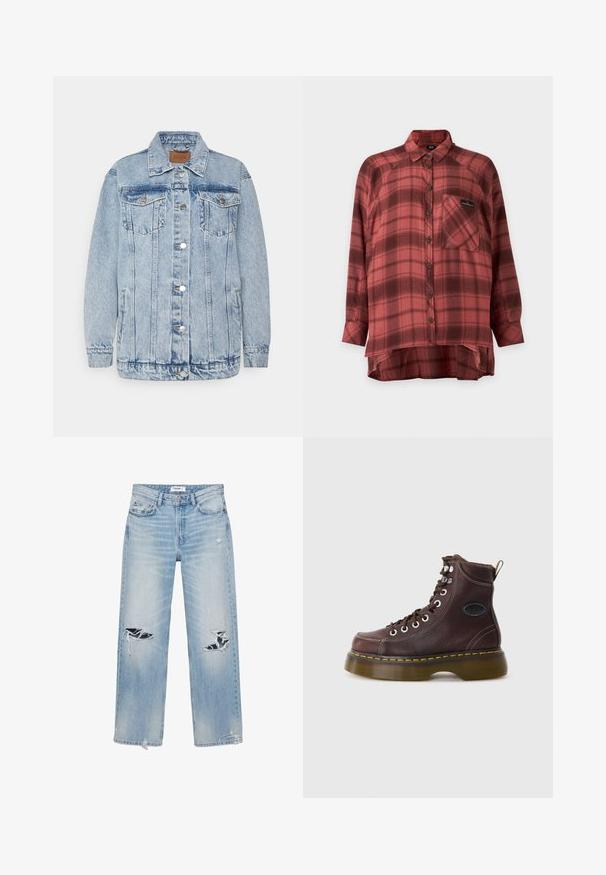 Veste en denim bleu clair avec une fermeture à boutons, deux poches poitrine et des poches latérales. Présente un col classique et des détails en surpiqûres.; Chemise à carreaux rouges et rouge foncé à manches longues avec col et poche poitrine, légèrement plus longue à l'arrière.; Jean droit bleu clair avec des trous effilochés aux deux genoux et des ourlets usés, doté de poches avant et d'une fermeture à boutons.; Bottine en cuir marron avec une surface texturée, œillets en argent et couture jaune. Dispose d'une semelle épaisse translucide et d'une languette.
