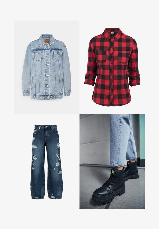 Lyseblå denimjakke med knaplukning foran, to brystlommer og sidelommer. Har klassisk krave og syningsdetaljer.; Rød- og sortternet flannel skjorte, lange ærmer med opsmøgede manchetter, spidse krave, to brystlommer, knaplukning fortil, blød tekstur.; Blå højtaljede viddeben jeans med flere slidte rifter og frynsete detaljer foran og på benene.; Person iført lyseblå jeans og sorte chunky snørestøvler, der står på et betongulv nær en væg.