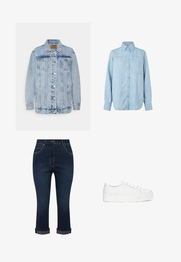 Lyseblå denimjakke med knaplukning foran, to brystlommer og sidelommer. Har klassisk krave og syningsdetaljer.; Lyseblå denimskjorte med lange ærmer, knaplukning foran, spidse krave, enkelt brystlomme og subtile lodrette syninger.; Mørkeblå denim korte jeans med forlommer, knaplukning og optrukne kanter.; Hvide lædersneakers med en glat overflade, rund tå og flad sål. Har snørebåndslukning og diskrete syninger.