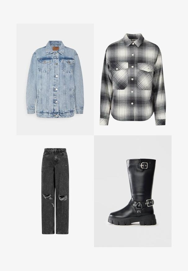 Veste en denim bleu clair avec une fermeture à boutons, deux poches poitrine et des poches latérales. Présente un col classique et des détails en surpiqûres.; Chemise en flanelle à carreaux noire, blanche et grise. Présente un devant à boutons, deux poches poitrine et des manches longues avec des poignets boutonnés.; Jean noir taille haute, large, avec des genoux déchirés et des détails usés sur fond blanc.; Botte en cuir noire mi-mollet avec semelle épaisse à crampons, deux sangles à boucle en argent - une en haut et une autour de la cheville.