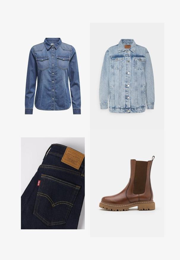 Lichtblauwe denimjas met een knoopsluiting aan de voorkant, twee borstzakken en zijzakken. Voorzien van een klassieke kraag en gestikte details.; Donkerblauw denim shirt met een kraag, lange mouwen, dubbele borstzakken en contrasterende stiksels.; Donkerblauwe Levi's jeans met gele stiksels, achterzak toont rood Levi's label en bruin leren merkpatch op de tailleband.; Bruine leren enkelboot met elastische panelen en een trekomed. Kenmerkt zich door een robuuste rubberen zool en zichtbare stiksels langs de randen.