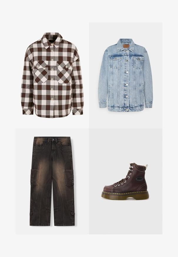 Lichtblauwe denimjas met een knoopsluiting aan de voorkant, twee borstzakken en zijzakken. Voorzien van een klassieke kraag en gestikte details.; Bruin en wit geruit overhemd met knopen, voorzien van twee borstzakken, een klassieke kraag en een knoopsluiting aan de voorkant. Zachte stof structuur.; Cargo-broeken in donkergrijze denim met een vervaagde afwerking, brede pijpen, zijzakken en unieke stikpatronen. Met metalen knoopsluiting.; Bruine leren enkelboot met een gestructureerd oppervlak, zilveren ogen en gele stiksels. Voorzien van een stevige doorzichtige zool en een trekband.
