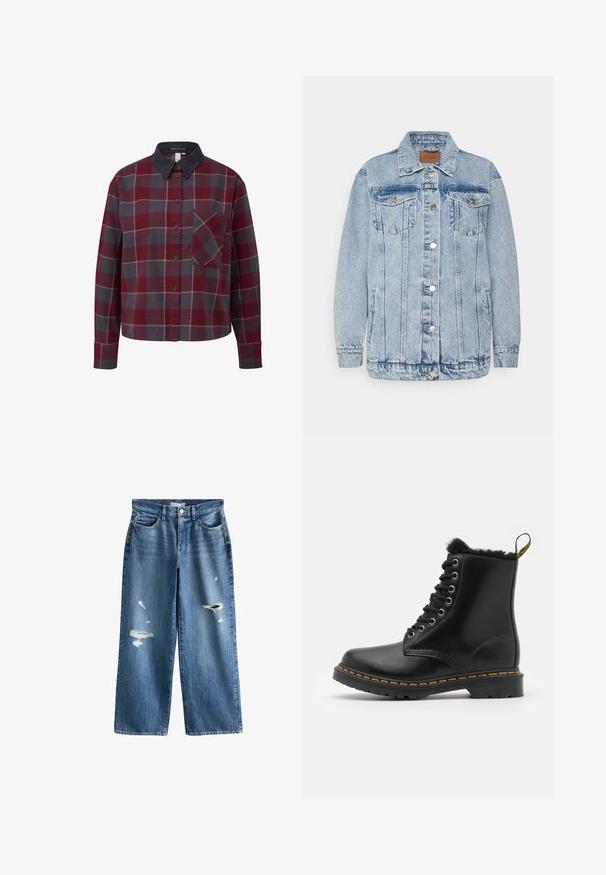 Veste en denim bleu clair avec une fermeture à boutons, deux poches poitrine et des poches latérales. Présente un col classique et des détails en surpiqûres.; Chemise à carreaux à boutons, avec des carrés rouges, gris et blancs. Fabriquée en coton, avec un col en velours côtelé et une poche poitrine. Manches longues.; Jean bleu à jambes larges avec déchirures usées sur le devant des cuisses, poches avant standard, passants pour ceinture et taille avec fermeture par bouton.; Bottines en cuir noir avec un bout rond, doublure en fourrure, œillets en argent et coutures jaunes le long de la semelle. Semelle extérieure en caoutchouc robuste.