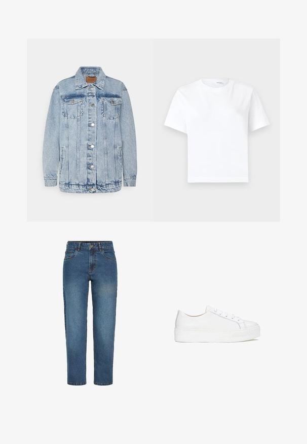 Lyseblå denimjakke med knaplukning foran, to brystlommer og sidelommer. Har klassisk krave og syningsdetaljer.; Hvid kortærmet bomuld t-shirt med rund halsudskæring og lige kant, vist på en hvid baggrund.; Blå højtaljede straight-leg denim jeans med frontknap og lynlås, to forlommer og bæltestropper.; Hvide lædersneakers med en glat overflade, rund tå og flad sål. Har snørebåndslukning og diskrete syninger.