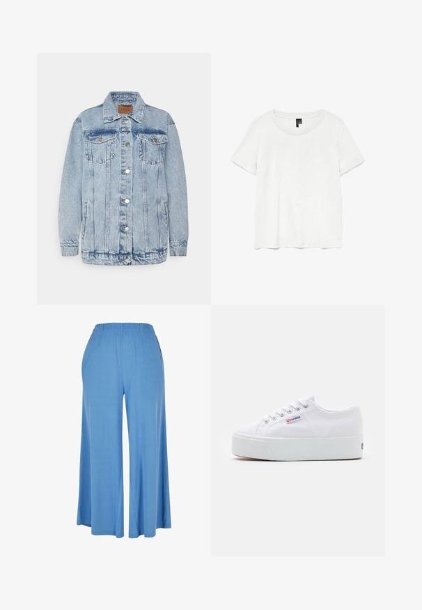 Helehall sinine denim-jakk, millel on nupuga esipool, kaks rinna-taskut ja küljetaskud. Omab klassikalist kraede ja õmblustega detaile.; Valge lühikeste varrukatega T-särk ümmarguse kaelusega, valmistatud kergest kangast. Lihtne disain, sile tekstuur ja sirge äärega.; Heledad helesin sinised laiad püksid, mis on valmistatud pehmest kangast, elastse vöökoha ja lõdva lõikega, mis ulatub keskmiste sääreni.; Valge kangast sneaker paksu valge platvormi tossul, ümmargune nina ja metallist augud nööride jaoks. Brändi logo on küljes.