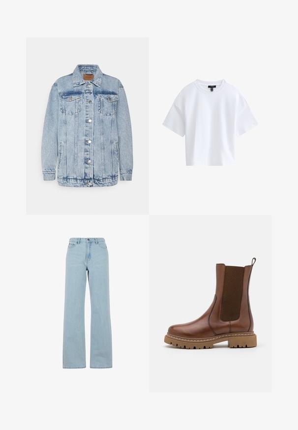Helle blaue Denimjacke mit einer Knopfleiste, zwei Brusttaschen und Seitentaschen. Mit klassischem Kragen und gesteppten Details.; Schlichtes weißes kurzärmeliges Cropped-T-Shirt mit rundem Ausschnitt und schwarzem Markenlabel innen im Kragen.; Helle blaue Schlagjeans aus Denim, mit hoher Taille, Fronttaschen und einer dezenten Waschstruktur. Standardknopf- und Reißverschluss.; Braune Leder-Ankle-Boots mit elastischen Einsätzen und einem Ziehschlaufe. Sie verfügen über eine robuste Gummisohle und sichtbare Nahtdetails entlang der Kanten.