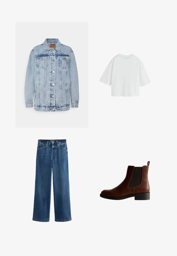 Helle blaue Denimjacke mit einer Knopfleiste, zwei Brusttaschen und Seitentaschen. Mit klassischem Kragen und gesteppten Details.; Schlichtes weißes oversized T-Shirt mit kurzen Ärmeln, rundem Ausschnitt und lockerem Schnitt.; Blaue weit geschnittene Jeans aus Denim mit hoher Taille, fünf Taschen, subtilen Abnutzungserscheinungen, Knopfverschluss und kontrastierenden Nähten.; Braune Lederknöchelstiefel mit elastischen Seitenpaneelen, runder Zehenpartie und niedrigem Blockabsatz. Mit kontrastierenden Nähten und einer Zuglasche.
