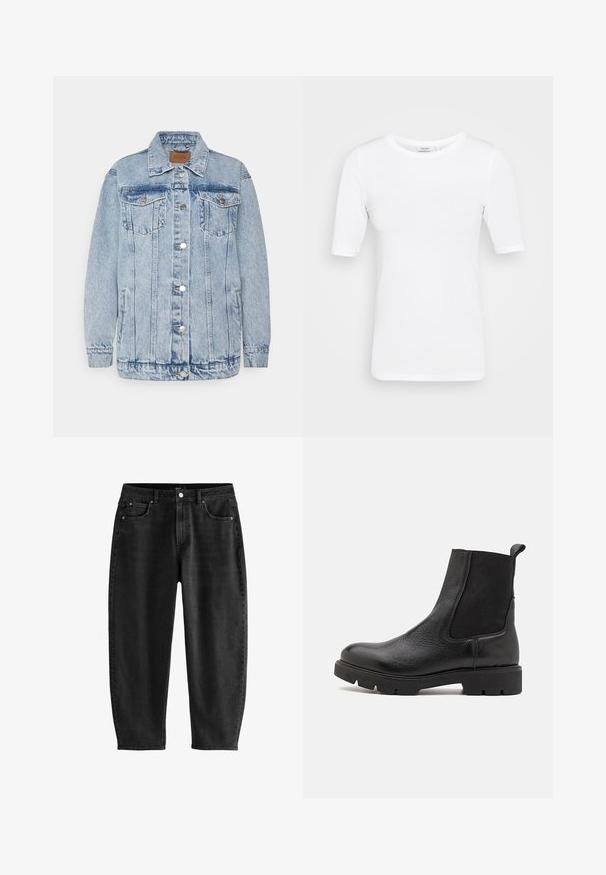 Lichtblauwe denimjas met een knoopsluiting aan de voorkant, twee borstzakken en zijzakken. Voorzien van een klassieke kraag en gestikte details.; Witte, lichte, stretch-vriendelijke t-shirt met een ronde halslijn en korte mouwen, met een gladde textuur en zonder zichtbare patronen.; Zwarte denim jeans met een relaxte pasvorm, voorzien van een klassiek vijfzakkenontwerp, een knoopgulp en subtiele stikdetails.; Zwarte enkelboots van soepel leer met elastische zijkanten. Textuur aan de neuzen, chunky rubberen zool met profiel en een treklus aan de achterkant.