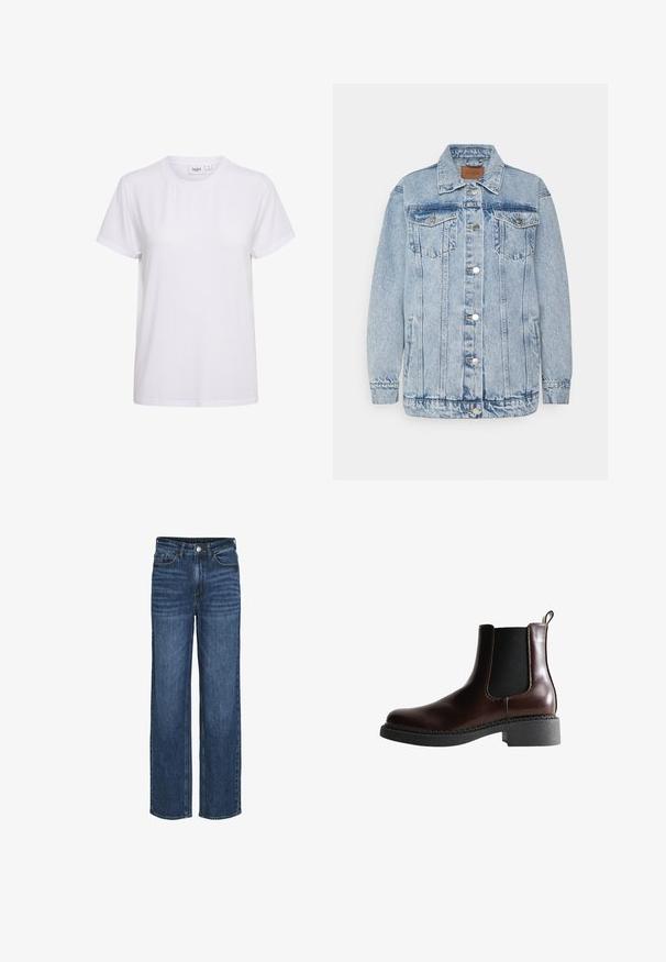 Lyseblå denimjakke med knaplukning foran, to brystlommer og sidelommer. Har klassisk krave og syningsdetaljer.; Kortærmet hvid T-shirt lavet af blødt bomuldsstof. Har en rund halsudskæring og et enkelt, sømløst design uden udsmykninger eller mønstre.; VILA JAF HW- NOOS - Jeans Straight Leg - m blue denim; Brune læder ankelstøvle med elastiske sidepaneler, rund tå og en struktureret sort gummisål. Har kontrasterende syninger og en trækflap.