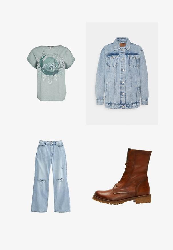 Lichtblauwe denimjas met een knoopsluiting aan de voorkant, twee borstzakken en zijzakken. Voorzien van een klassieke kraag en gestikte details.; Korte mouwen, lichtgroene t-shirt met een bloem- en halve maan grafiek. Zachte textuur met een relaxte pasvorm en omgerolde mouwen.; Lichtblauwe wijde spijkerbroek van denim, met verwasde scheuren op de bovenbenen, een hoge taille en een standaard vijf-pocket ontwerp.; Bruine leren enkelboot met een gladde afwerking, ronde neus, vetersluiting aan de voorkant en textiele bovenrand. Beschikt over een robuuste buitenzool voor grip.