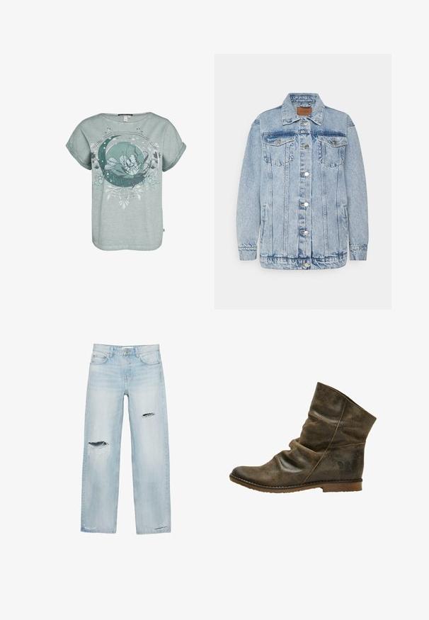 Lichtblauwe denimjas met een knoopsluiting aan de voorkant, twee borstzakken en zijzakken. Voorzien van een klassieke kraag en gestikte details.; Korte mouwen, lichtgroene t-shirt met een bloem- en halve maan grafiek. Zachte textuur met een relaxte pasvorm en omgerolde mouwen.; Lichtblauwe jeans met rechte pijpen en versleten scheuren op het rechterdijbeen, linkerknie en vlakbij de onderkant van de pijpen.; Bruine leren enkellaars met een slouchy ontwerp, voorzien van een subtiele textuur, ronde neus en een platte zool met een klein logo detail op de hak.
