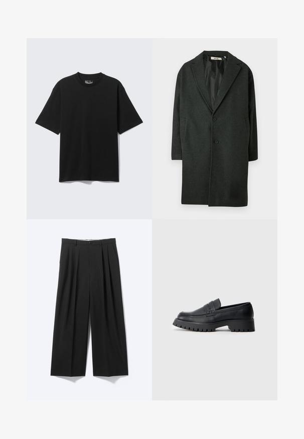 Manteau en mélange de laine gris foncé avec un col à revers, fermeture à un bouton et poches latérales. Doublure intérieure lisse, coupe droite, longueur genou.; T-shirt noir à manches courtes, coupe décontractée avec col rond, présenté à plat sur fond gris clair.; Pantalon noir à jambes larges avec plis sur le devant, passants pour ceinture et fermeture à bouton, présenté sur un fond clair uni.; Mocassins en cuir noir avec un bout arrondi, présentant une sangle décorative et une semelle en caoutchouc épaisse avec de profonds crampons pour une meilleure adhérence.