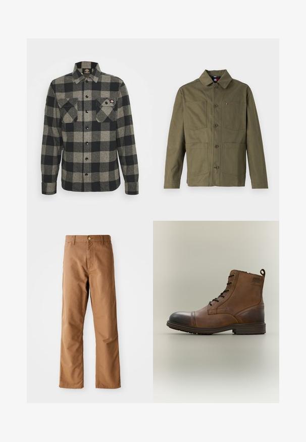 Olijfgroen jack gemaakt van stevige stof, met een kraag, vier voorzakken en knoopsluitingen. Tommy Hilfiger logo accent.; Zwart en grijs geblokt flanellen shirt met lange mouwen, knoopsluiting aan de voorkant, twee borstzakken en een licht gebogen zoom. Gegarneerde stof.; Bruine rechte broek met riemlussen, voorkant zakken, knoopsluiting en rits op een witte achtergrond.; Bruine leren enkellaars met veters, zwarte neuskap, ronde zool en merkdetail aan de zijkant tegen een effen achtergrond.