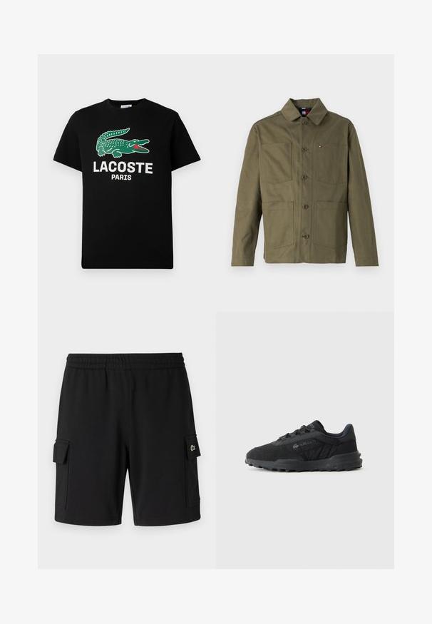 Olivovo zelená bunda vyrobená z odolnej textílie, s golierom, štyrmi prednými vreckami a gombíkovým zapínaním. Akcent s logom Tommy Hilfiger.; Čierne bavlnené tričko s logom zeleného krokodíla a bielym textom "LACOSTE PARIS". Krátke rukávy a klasický okrúhly výstrih.; Čierne šortky vyrobené z mäkkej tkaniny, s elastickým pásom, dvoma bočnými cargo vreckami a malou nášivkou loga na jednom vrecku.; Čierne tenisky s textúrovaným zvrškom, obsahujúce kombináciu látkových a syntetických materiálov, spevnenú špičku, systém šnurovania a gumovú podrážku.