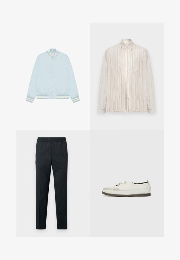Veste bomber bleu clair avec boutons-pression, col, poignets et ourlet côtelés rayés blanc et bleu, et deux poches avant.; Chemise homme à manches longues avec boutons, rayures verticales beige, blanches et marron clair, et une unique poche poitrine.; Pantalon gris foncé avec une taille élastique, coupe droite, texture douce, sans poches visibles ni motifs.; Bateau en cuir blanc avec un design tressé sur l'orteil, semelle en caoutchouc plate et lacets à l'avant. Texture lisse et style minimaliste.