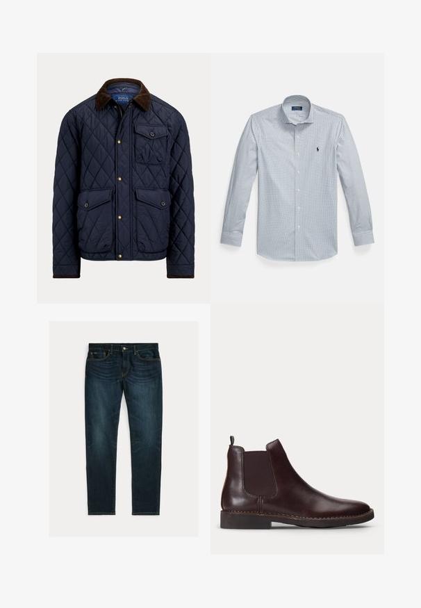 Marineblauwe doorgestikte jas met een bruine corduroy kraag, voorrits en knopen, twee klepzakken met knoop en één borstzak met knoop.; Overhemd met knopen in blauw-wit geruit patroon, gemaakt van katoen, met lange mouwen en een klassieke kraag. Logo geborduurd op de borst.; Donkerblauwe slim-fit jeans met lichte vervaging en vijfzakkenontwerp, plat gelegd op een witte achtergrond.; Donkerbruine leren Chelsea-boot met elastisch zijpaneel en lage hak, weergegeven in profiel op een witte achtergrond.