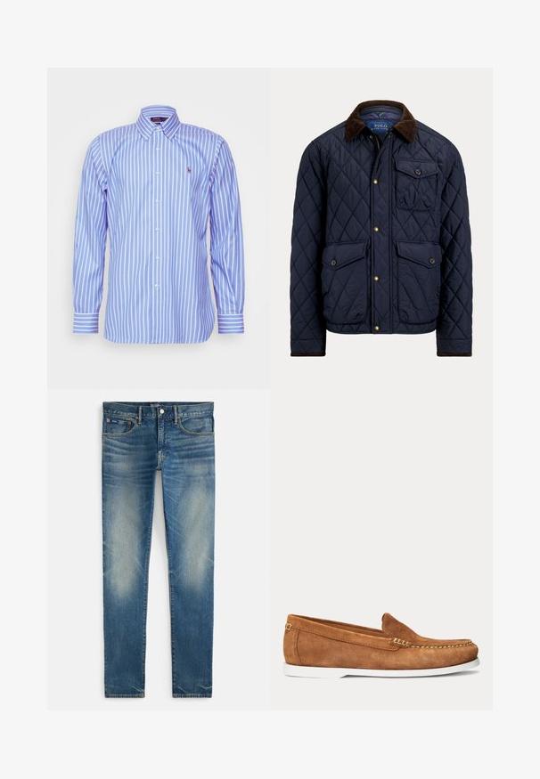 Laivastonsininen tikattu takki ruskealla pörrökauluksella, edessä vetoketju ja napit, kaksi napillista läppätaskua ja yksi rintatasku napilla.; Polo Ralph Lauren CUSTOM FIT STRIPED PINPOINT OXFORD SHIRT - Vapaa-ajan kauluspaita - blue/white; Siniset haalistetut slim fit -farkut, joissa napillinen ja vetoketjullinen suljin, etu- ja pieni kolikkotasku, esitelty valkoisella taustalla litteästi.; Ruskea mokkanahkainen loafer valkoisella pohjalla ja beigeillä ompeleilla varpaan ja yläreunan kohdalla, sivusta kuvattuna yksivärisellä taustalla.