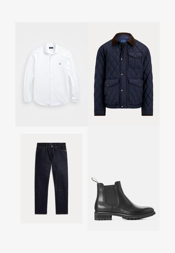 Marineblauwe doorgestikte jas met een bruine corduroy kraag, voorrits en knopen, twee klepzakken met knoop en één borstzak met knoop.; Witte lange mouwen knoopshirt van katoen. Heeft een klassieke kraag, normale pasvorm en een klein marineblauw logo op de borst.; Donker indigoblauwe rechte jeans met vijf zakken, knoop- en ritsluiting en contrasterende oranje stiksels op een effen achtergrond.; Zwarte leren Chelsea-boot met elastische zijpanelen, ronde neus en een rubberen zool met een gestructureerd profiel voor grip.