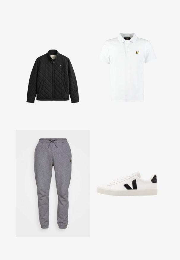 Sort quiltet jakke med stående krave, lynlåslukning, to sidelommer og et diskret logo på brystet. Fremstillet af et glat, let materiale.; Hvid polo-shirt lavet af bomuld, med en tre-knaps lukning, korte ærmer og et lille gult logo på venstre bryst.; Grå bomulds sweatpants med elastisk talje, snøre, sidelommer og et lille gult logo på låret. Tapered ben design.; Hvide lædersneakers med sorte ruskindsdetaljer; har en gummisål, rund tå og klassisk snørebåndsdesign. Side logo i sort.