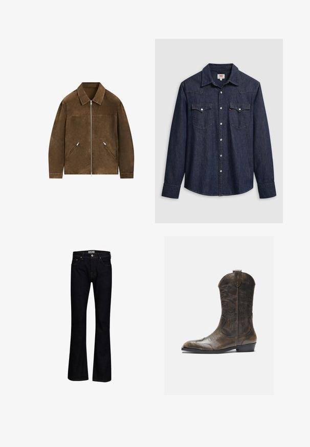 Bruine suède jas met een kraag, ritssluiting aan de voorkant en twee diagonale ritszakken aan de voorkant.; Donkerblauw denimhemd met een puntige kraag, drukknoopsluiting en borstzakken. Heeft stikseldetail en lange mouwen.; Donkerblauwe flare jeans van denim met een gladde textuur. Beschikt over vijf zakken, messing hardware en contrasterende stiksels.; Bruine leren cowboylaars met een hoge schacht, spitse neus, ingewikkelde stikpatronen en een kleine hak. Gevarieerde afwerking overal.