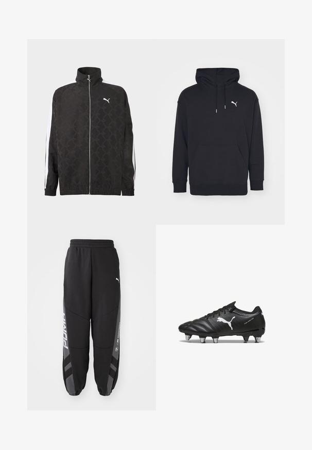 Sort fuld-zipjakke med subtilt geometrisk mønster, hvid Puma-logo på brystet og hvide striber ned ad ærmerne.; Sort hættetrøje med kangaroo-lomme, justerbare snore og et hvidt Puma-logo på brystet. Fremstillet af blødt fleece-materiale.; Sorte joggebukser lavet af blødt materiale. Har elastisk talje, tapered ben, grå detaljer og hvide logoer på siderne.; Sorte fodboldstøvler med tekstureret materiale, hvidt Puma-logo, snørebåndslukning og metalstifter for godt greb. Designet understreger ydeevne og støtte.