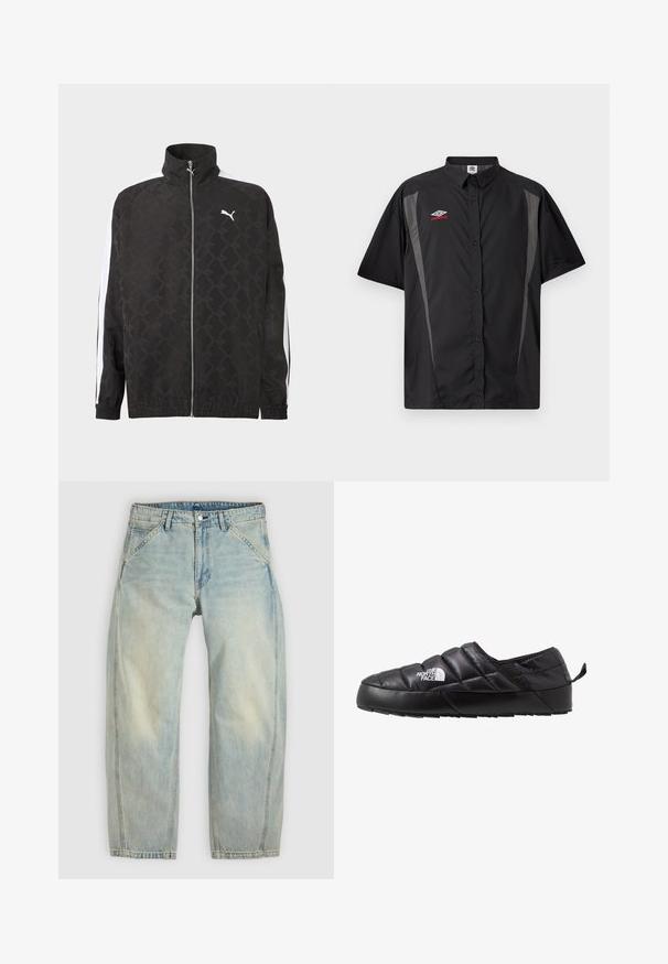Sort fuld-zipjakke med subtilt geometrisk mønster, hvid Puma-logo på brystet og hvide striber ned ad ærmerne.; Sort kortærmet skjorte med knapper, grå sidepaneler og rød-hvid Umbro-logo på venstre bryst.; Lys blå jeans med vide ben lavet af denim. Har fem lommer, en knaplukning og falmede områder for et brugt udseende.; Sort slip-on sko med et quiltet design, lavet af polstret materiale. Har en struktureret gummisål og et lille trækstrop bagpå.