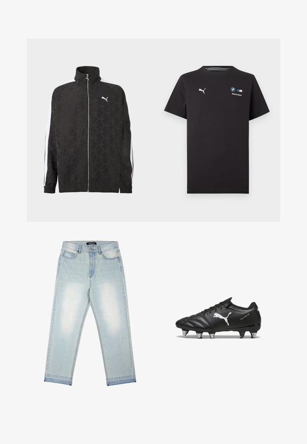 Čierna bunda na zips so subtílnym geometrickým vzorom, bielym logom Puma na hrudi a bielymi pruhmi pozdĺž rukávov.; Čierne tričko s krátkym rukávom s logom Puma na ľavej strane hrudníka a logom BMW Motorsport na pravej strane hrudníka.; Pegador BARROW - Džínsy široké - sand washed blue; Čierne futbalové kopačky s textúrovaným materiálom, biele logo Puma, šnurovací systém a kovové kolíky pre trakciu. Dizajn zdôrazňuje výkon a podporu.