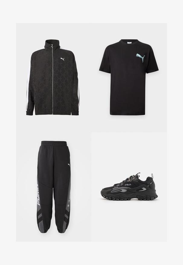 Schwarze Jacke mit durchgehendem Reißverschluss und dezentem geometrischem Muster, weißes Puma-Logo auf der Brust und weiße Streifen an den Ärmeln.; Schwarzes kurzärmliges T-Shirt mit kleinem hellblauem Puma-Logo auf der linken Brust vor weißem Hintergrund.; Schwarze Jogginghosen aus weichem Material. Mit elastischem Bund, schmal zulaufenden Beinen, grauen Akzenten und weißen Logos an den Seiten.; Schwarze Sneaker mit einem Obermaterial aus Mesh und Synthetik, Gummisohle, abgerundeter Zehenpartie und reflektierenden Akzenten an den Seiten und Schnürsenkeln.