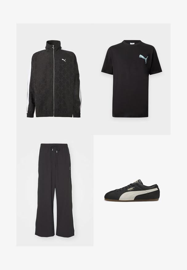 Zwarte jas met volledige ritssluiting en een subtiel geometrisch patroon, wit Puma-logo op de borst en witte strepen langs de mouwen.; Zwart T-shirt met korte mouwen en een klein lichtblauw Puma-logo op de linkerborst tegen een witte achtergrond.; Zwarte wijde sweatpants met een elastische tailleband en trekkoord. Voorzien van witte zijstrepen en twee zijzakken. Glad textuur.; Zwarte lage Puma sneaker met beige zijstreep, zwarte veters en een gumzool, linksbuiten aanzicht met "Puma Tackle" branding.