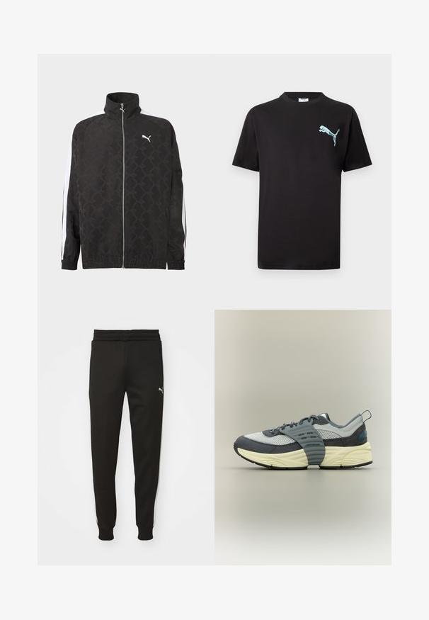 Chaqueta negra con cremallera completa y sutil patrón geométrico, logo blanco de Puma en el pecho y rayas blancas a lo largo de las mangas.; Camiseta negra de manga corta con un pequeño logotipo de Puma en azul claro en el pecho izquierdo sobre fondo blanco.; Pantalones deportivos negros con un ajuste entallado, cinturilla elástica, bolsillos laterales y rayas blancas en los lados. Presenta un pequeño logo en el muslo izquierdo.; Zapatilla baja con parte superior de malla gris y ante, entresuela color crema, suela exterior negra y una amplia correa gris atravesando el mediopié.