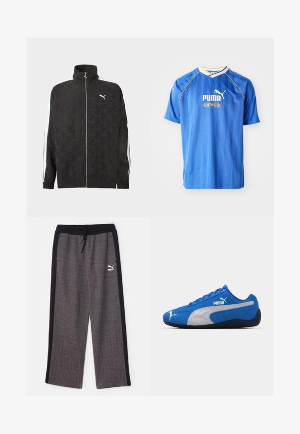 Veste noire à fermeture éclair intégrale avec un motif géométrique subtil, logo Puma blanc sur la poitrine, et des rayures blanches courant le long des manches.; Maillot de football bleu à manches courtes avec des rayures verticales, des accents blancs et jaunes, et un logo avec un puma. Tissu léger et respirant.; Puma RELAXED TRACK PANTS - Pantalon de survêtement - black/alpine snow; Baskets de sport bleues avec un dessus en daim, présentant un panneau latéral blanc et une semelle en caoutchouc noire. Comprend un logo PUMA surélevé sur le côté.